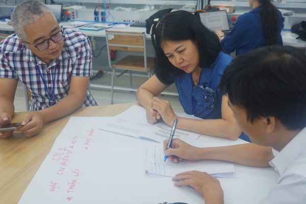 Delegates from Hanoi Construction Technology College No.1 analyzed the advantages and disadvantages of disseminating the two green occupations