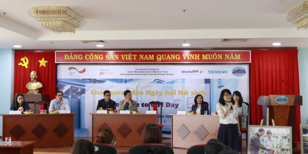 Presentations, questions and answers on working conditions and measures to support women from representatives of LILAMA 2, enterprises and TVET Programme.