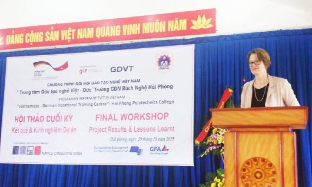 Ms. Britta Van Erckelens, GIZ representative speaking at the Final Workshop on project results and lessons learnt organized at Hai Phong Polytechnic