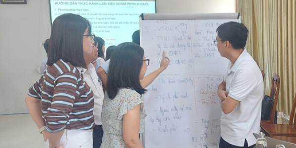 Đại biểu các trường trao đổi và chia sẻ kinh nghiệm trong việc thực hiện phân tích SWOT cho hoạt động Chuyển đổi Xanh - Representatives from participating in institutes exchange and share experiences in conducting SWOT analysis for Green Transformation activities.